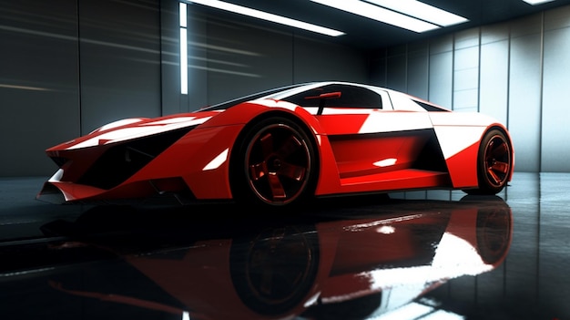 Une Lamborghini rouge dans un garage avec le mot Lamborghini sur le devant.