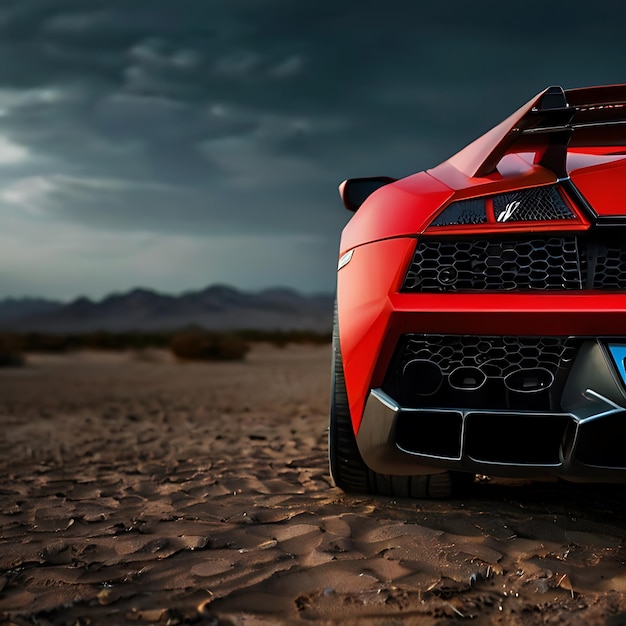 Photo lamborghini rouge et noir dans une vue sombre du désert générée par l'ia