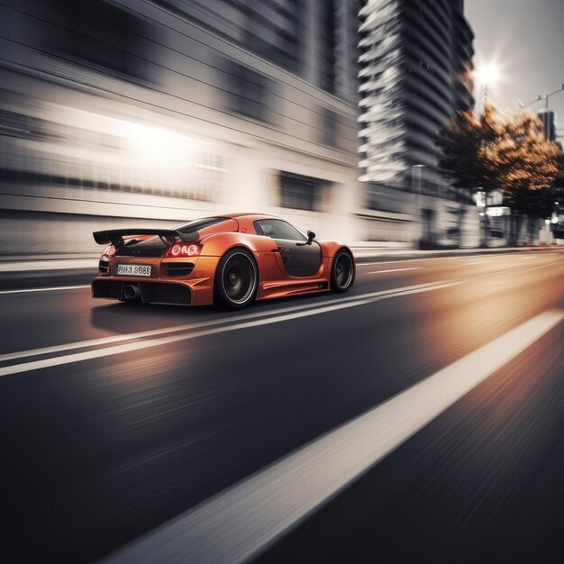 Une Lamborghini rouge roule sur la route devant un immeuble.