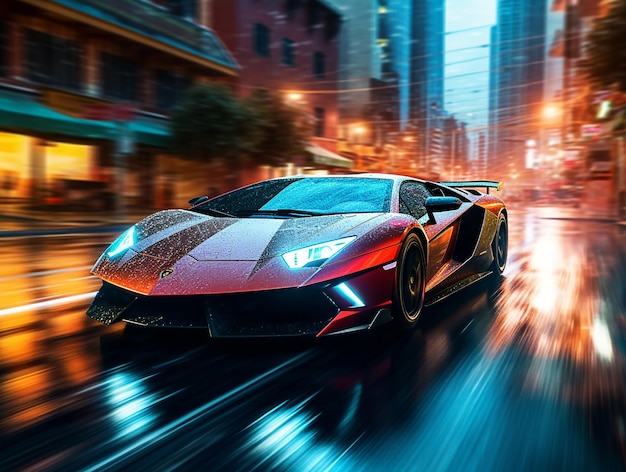 Une Lamborghini rouge sous la pluie