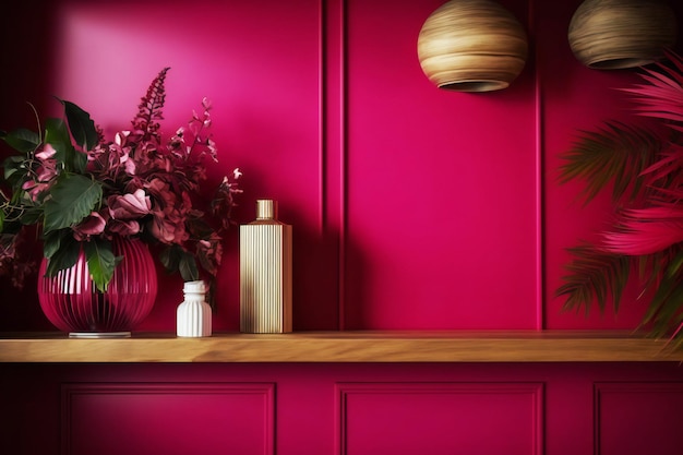 Lambris Viva magenta avec étagère en bois