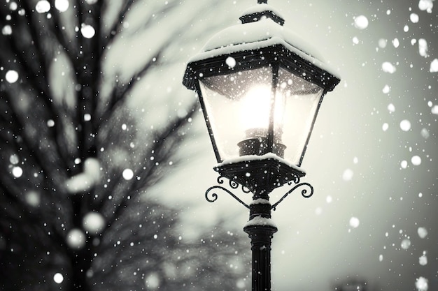 Lampadaire allumé le soir d'hiver pendant la neige