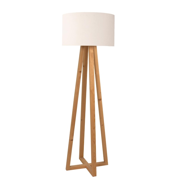 Un lampadaire en bois avec un abat-jour blanc.