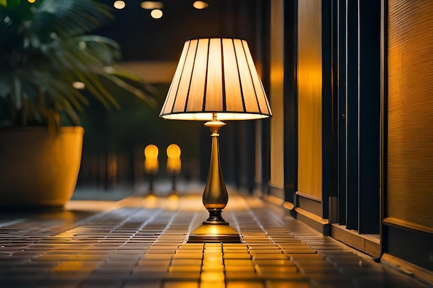 un lampadaire dans un hall d'hôtel.