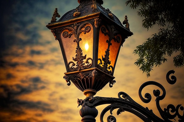 Lampadaire vintage avec ornement en métal avec lampe allumée en soirée