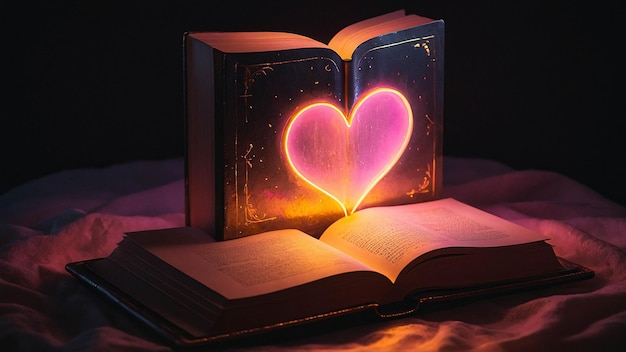 Lampe d'amour lumineuse avec livre ouvert Nuance romantique et chaleureuse dans une pièce de lecture