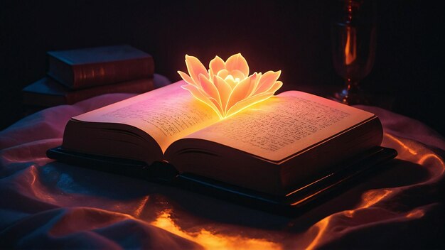 Lampe d'amour lumineuse avec livre ouvert Nuance romantique et chaleureuse dans une pièce de lecture