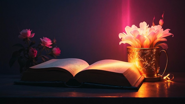 Lampe d'amour lumineuse avec livre ouvert Nuance romantique et chaleureuse dans une pièce de lecture