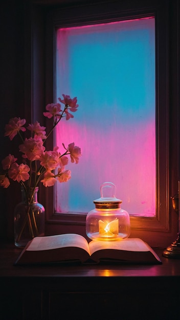 Lampe d'amour lumineuse avec livre ouvert Nuance romantique et chaleureuse dans une pièce de lecture