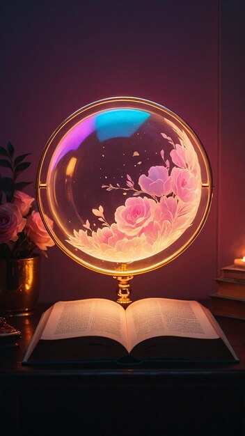 Lampe d'amour lumineuse avec livre ouvert Nuance romantique et chaleureuse dans une pièce de lecture