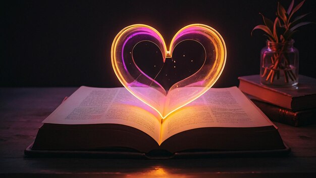 Lampe d'amour lumineuse avec livre ouvert Nuance romantique et chaleureuse dans une pièce de lecture