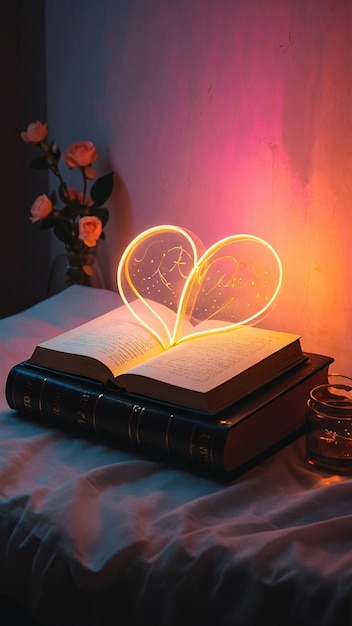 Lampe d'amour lumineuse avec livre ouvert Nuance romantique et chaleureuse dans une pièce de lecture