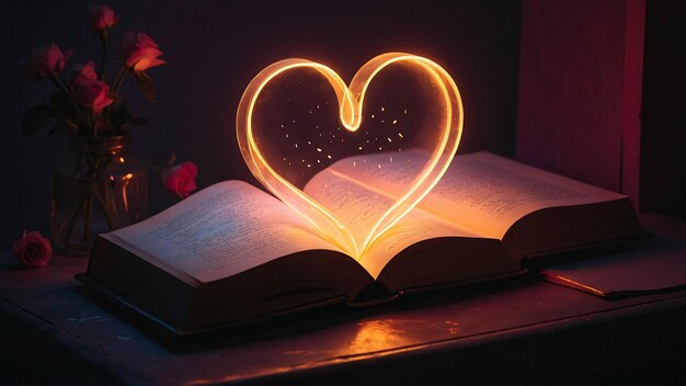 Lampe d'amour lumineuse avec livre ouvert Nuance romantique et chaleureuse dans une pièce de lecture