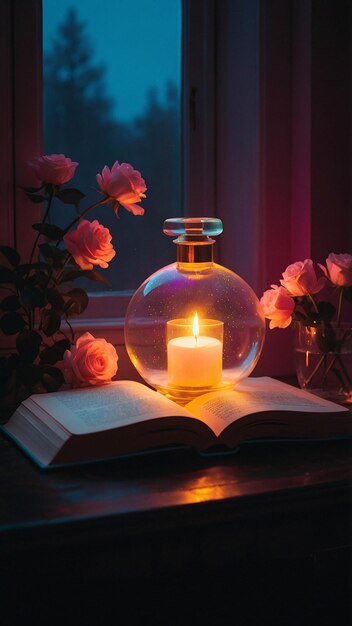 Lampe d'amour lumineuse avec livre ouvert Nuance romantique et chaleureuse dans une pièce de lecture