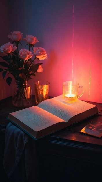 Lampe d'amour lumineuse avec livre ouvert Nuance romantique et chaleureuse dans une pièce de lecture