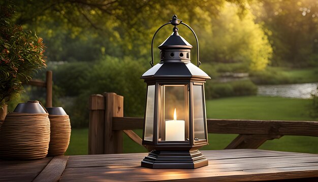 Photo une lampe antique éclaire la table en bois provinciale à l'extérieur