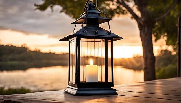 Photo une lampe antique éclaire la table en bois provinciale à l'extérieur