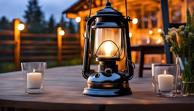 Photo une lampe antique éclaire la table en bois provinciale à l'extérieur