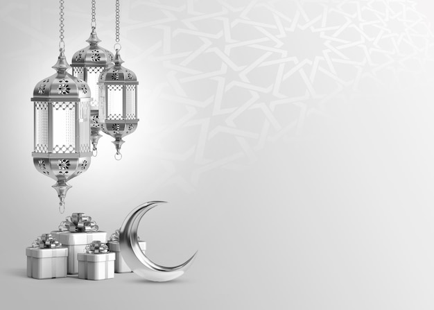 Lampe en argent et lune en argent avec le texte ramadan islamique ramadan salutation fond