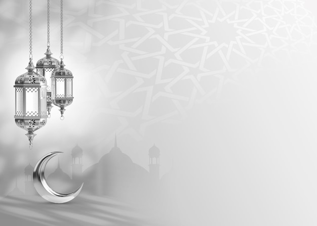 Une lampe en argent avec la lune et les mots ramadanislamic ramadan salutation fond