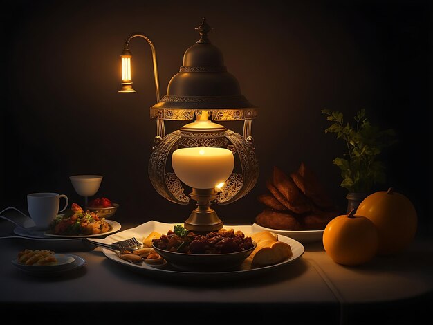 Photo une lampe avec une assiette de nourriture iftar du ramadan sur elle flou de lumière sombre ai généré