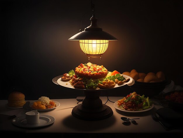 Photo une lampe avec une assiette de nourriture iftar du ramadan sur elle flou de lumière sombre ai généré