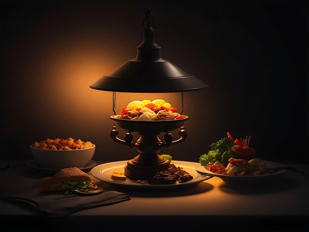 Photo une lampe avec une assiette de nourriture iftar du ramadan sur elle flou de lumière sombre ai généré