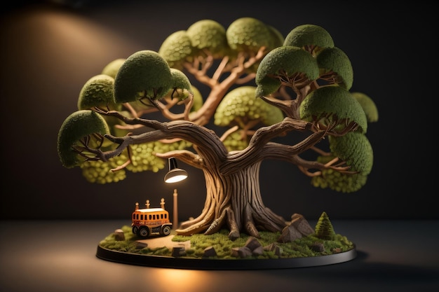 Une lampe avec un autobus scolaire sous un arbre