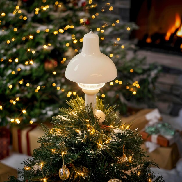 Une lampe blanche en gros plan sur l'arbre de Noël