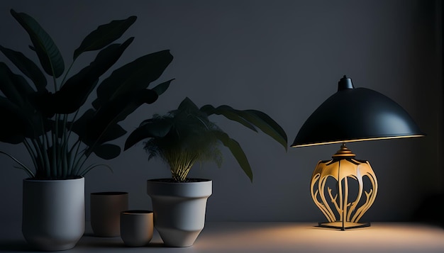 Lampe de bureau blanche chic sur fond de zoom éclairant une succulente verte saine