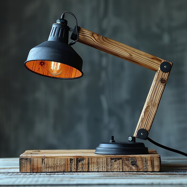 Photo une lampe de bureau en bois avec une lumière dessus et une lampe noire dessus