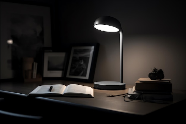 Une lampe de bureau avec une lampe dessus qui dit "la lumière est allumée". '