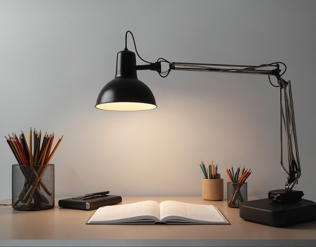 une lampe de bureau avec un livre et un livre dessus