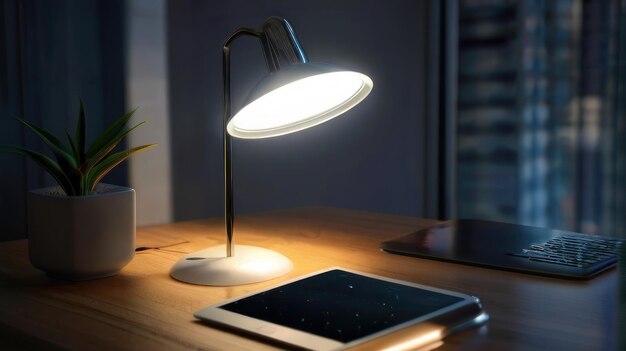 Photo une lampe de bureau avec une lumière dessus et une tablette dessus