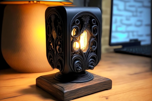 Lampe de chevet veilleuse noire en fonte sur socle en bois