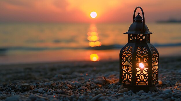 Photo la lampe du concept islamique la lanterne arabe traditionnelle sur la plage le ramadan et l'eid mubarak à l'arrière-plan