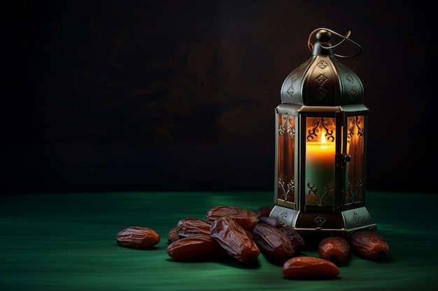 Lampe du Ramadan et dattes sur le fond vert foncé