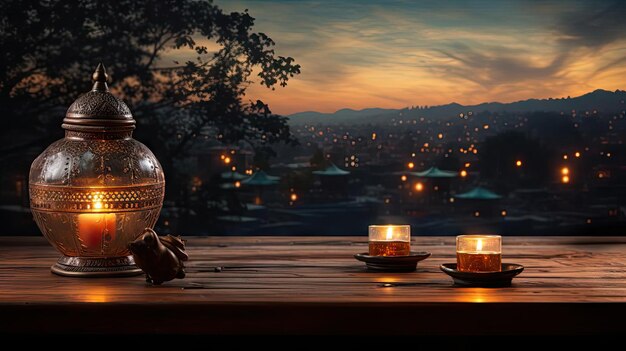 Lampe du Ramadan sur planche en bois avec fond de coucher de soleil pour bannière ou affiche