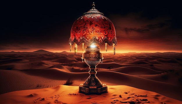 la lampe est assise dans le sable au milieu du désert dans le style de dessins détaillés et ornés
