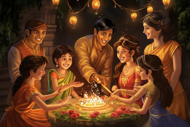 La lampe à huile traditionnelle de la famille indienne célébrant une joyeuse illustration de dessin animé de Diwali