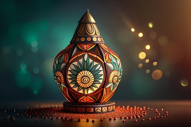 Lampe indienne de rendu D pour la célébration de diwali sur fond doux effets de particules colorées éthérées