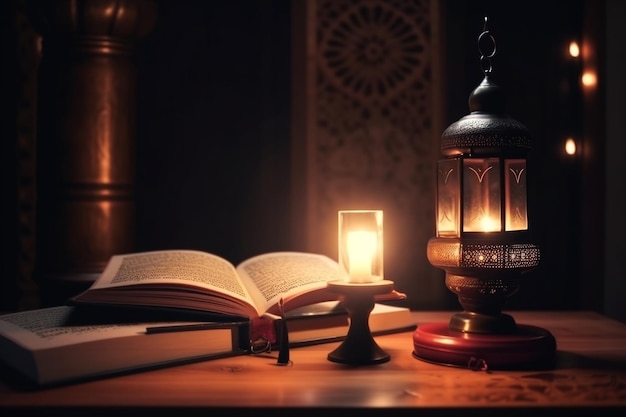 Une lampe et une lampe sur une table avec le mot ramadan dessus.