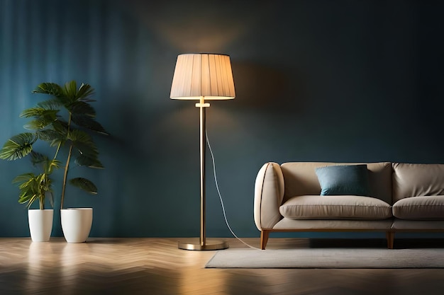 Une lampe avec une lampe sur la table et une plante dans le coin.