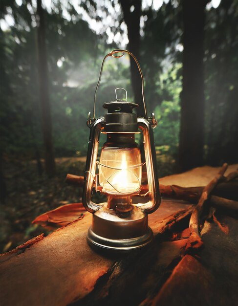 Une lampe de lanterne à l'huile d'essence vintage brûlant avec une lumière de lueur douce dans un bois de forêt sombre