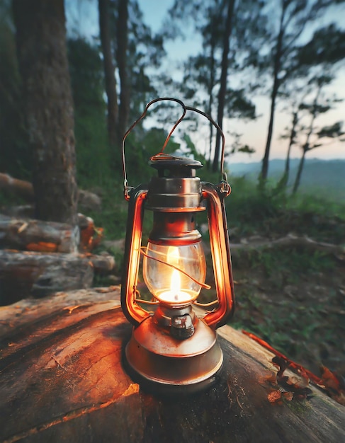 Photo une lampe de lanterne à l'huile d'essence vintage brûlant avec une lumière de lueur douce dans un bois de forêt sombre