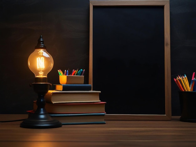 une lampe et un livre avec des crayons sur la table à côté