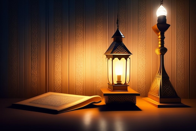 Une lampe et un livre sur une table