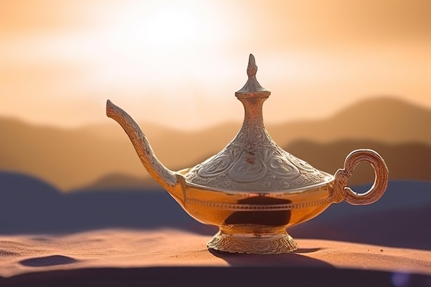 La lampe magique d'or d'Aladdin se dresse sur le sable du désert et brille dans les rayons du décor.