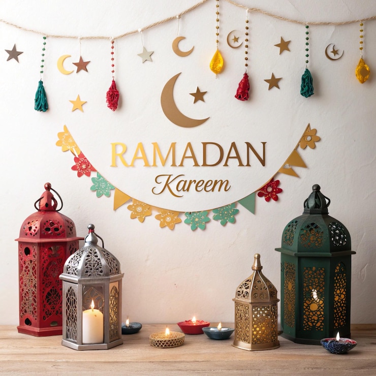 Photo lampe musulmane et texte ramadan kareem sur un fond clair