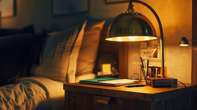 Photo lampe et papeterie dorées élégantes sur table de nuit en bois dans la chambre à coucher élément intérieur ia générative